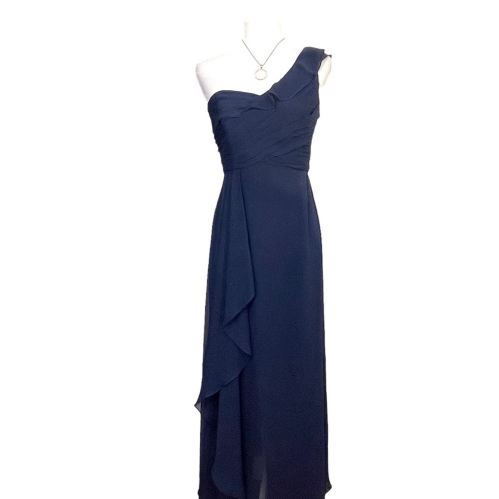 David's Bridal Midnight Blue One-Shoulder Crinkle Chiffon Maxi Dress- Sz 10- NWT